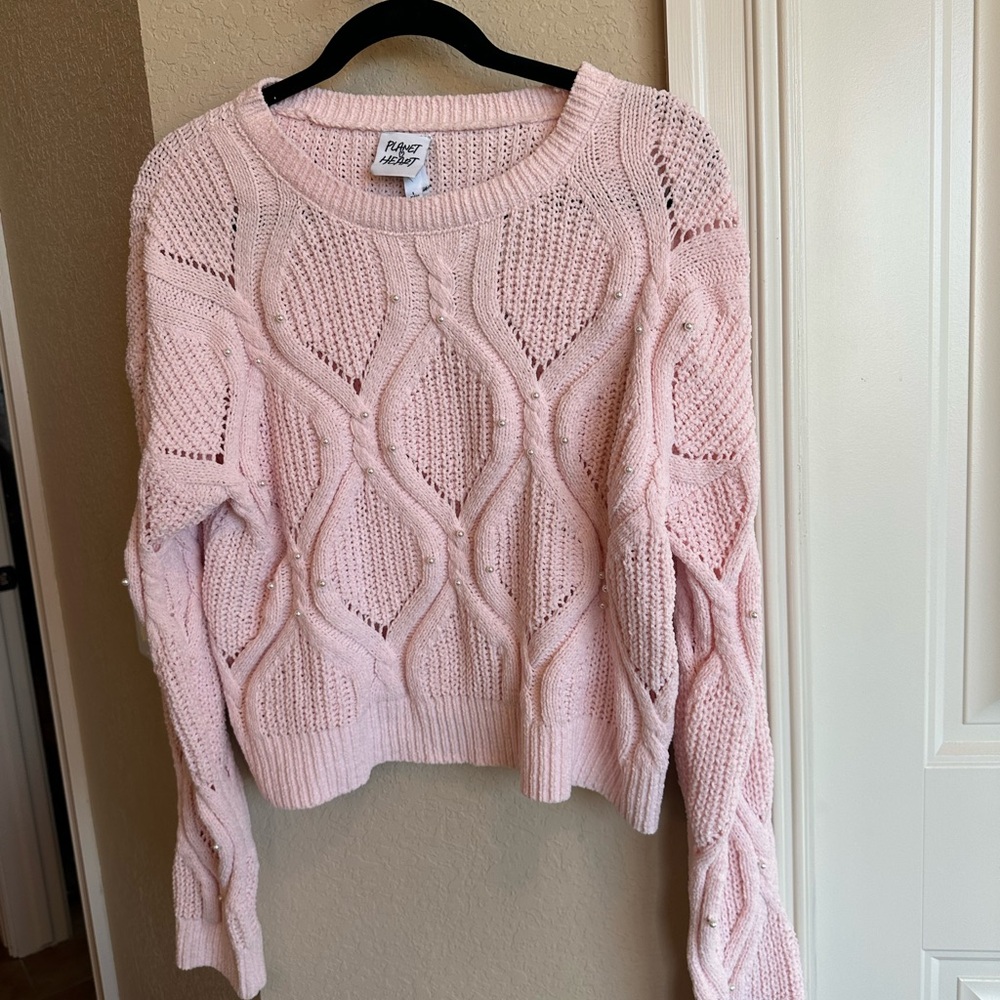 Cropped Pearl Studded Knit Sweater